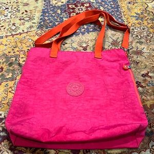Kipling, pink and red zip top tote with detachable shoulder strap